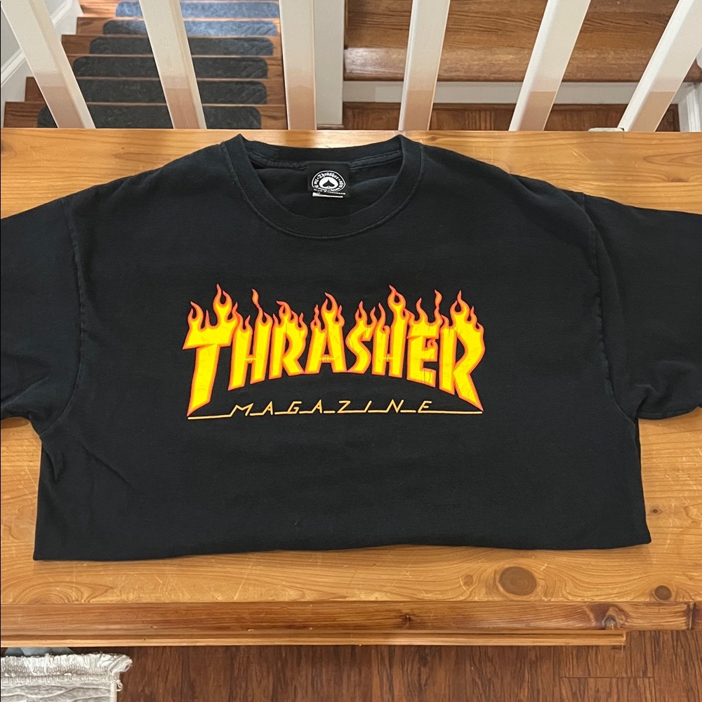 Thrasher Black Tee with Fiery Logo